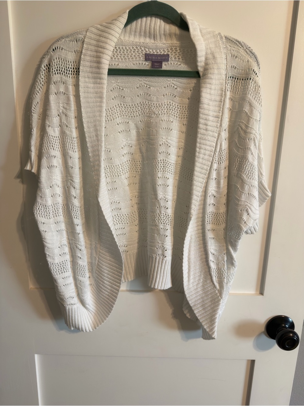 Laura Scott Open-Knit Short Sleeve Cardigan in White